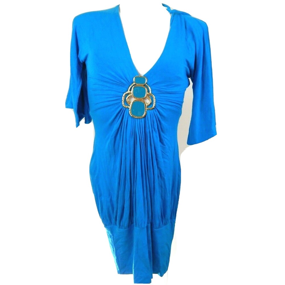 Sky Women Medium Dress Vintage Y2K Micro Mini Bubble Hem Plunge Blue Club Vegas